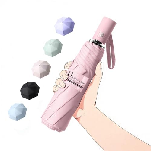 BAODINI Small UV Protection Travel Umbrella Compact for Rain and Sun UPF 50+ Windproof Portable 42 inch Umbrella for Women and Men Pink