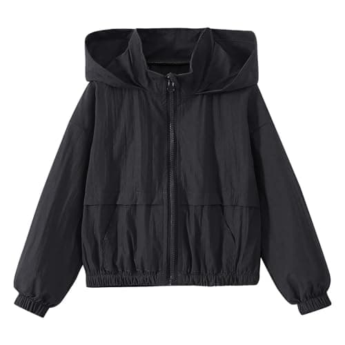 Boys Girls Rain Jacket Spring Fall Waterproof Zipper Hooded Raincoat Teen Kids Plain Lightweight Windbreaker with Pockets Breathable Packable Rain Coat (UK, Age, 13 Years, 14 Years, Regular, Black)