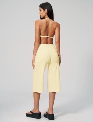 ABOCIW Workout Sets for Women Two Piece Halter Sports Bra Matching Wide Leg Capri Pants Gym Work Yoga Pilates Outfits, Butter Yellow, Large — view 6