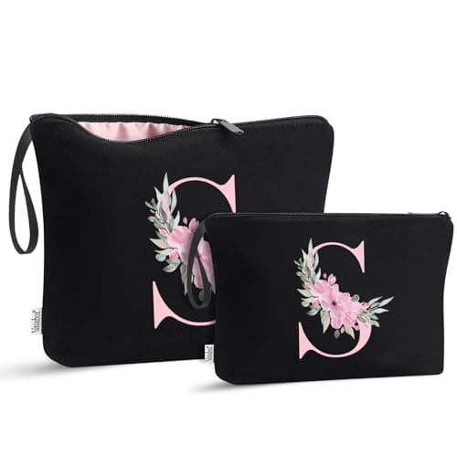 Vavabox 2Pcs Initial Toiletry Bags Set Birthday Gifts for Women (S, Black)