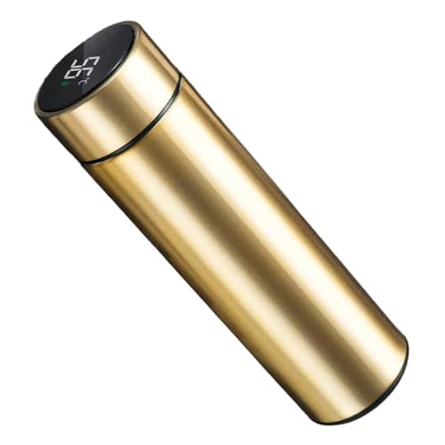 500ML Coffee Cups Travel Mugs with Temperature Display, Stainless Steel Vacuum Insulated Water Bottle with Inner Tea Strainer, Portable Travel Cup, 12-Hour Thermal Insulation 500ml Golden