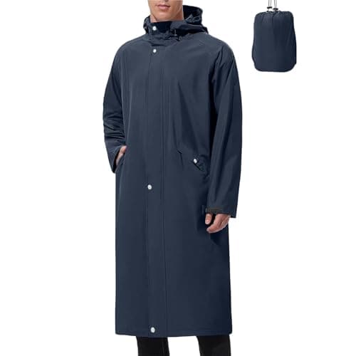 Packable Waterproof Jacket Mens Long Raincoats for Men Pack Away Hooded Rain Jackets Baggy Water Resistant Windbreaker Windproof Showerproof Coat with Hood Fishing Clothes Tall — view 2