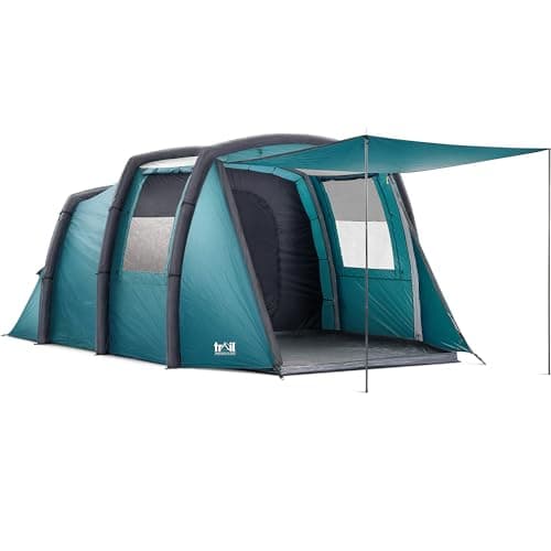 Trail Brazen Inflatable 4 Man Air Tent with Living Area, Family Camping Tunnel Tent, 5000mm Waterproof, Dark Zone Bedroom, Safety Purge Pump and Bag (L455cm x W270cm x H195cm)
