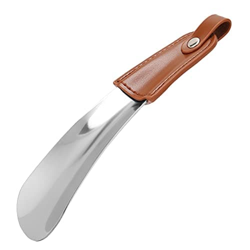 LIZEALUCKY Metal Small Shoe Horns, Professional Stainless Steel Shoe Horn Travel Portable Shoehorn with PU Leather Handle Compact Shoehorns Helpers with Leather for Men,Women,Elder