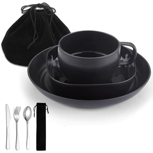 Camping utensils set, ReaNea Camping Plates And Bowls Set With Coffee Mug, Travel Cutlery Set Include Spoon, Fork, Knife for Home, Poolside, Outdoor, Picnic, Camp