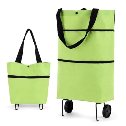 2-in-1 Foldable Shopping Cart with Wheels, Reusable Waterproof Collapsible Grocery Tote Bag, Portable Shopping Trolley for Supermarket, Laundry & Travel