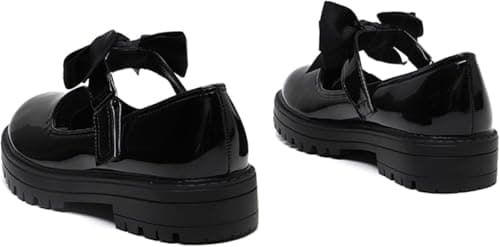 BloomFashion® Girls Mary Jane Back to School Patent Black Shoes Toddler Kids Comfortable Anti-Slip Uniform Flat Shoes with Detachable Bow On Strap 8uk — view 5