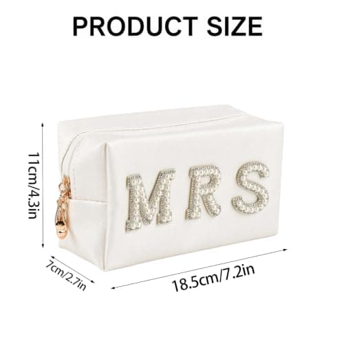 Kemay Bride Cosmetic Bag, Waterproof PU Leather Makeup Bag with Pearl Rhinestone MRS Letters, Bridal Shower Gift, Wedding Emergency Kit Travel Organizer — view 2