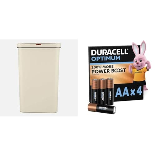 Tower T838005C Sensor Bin with Retainer Ring, Battery-Operated, 50L, Cream + Duracell Optimum pack of 4 AA