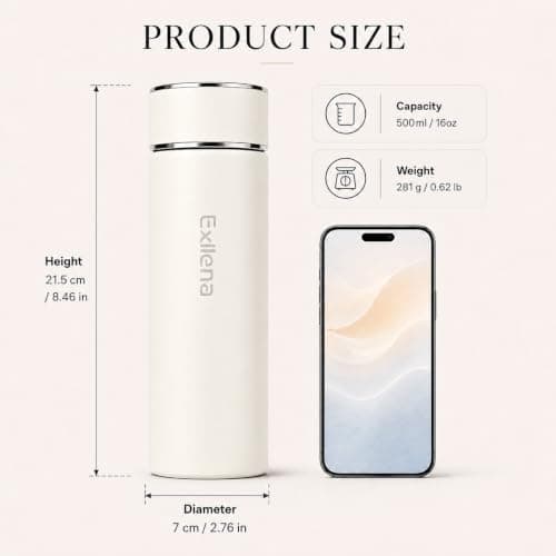 【Upgraded】 Exllena Small 500ml Water Bottle for Handbag – Small Flask for Hot & Cold Drinks, Perfect Small Insulated Water Bottle for Travel, Milk, Coffee...(Beige) — view 2