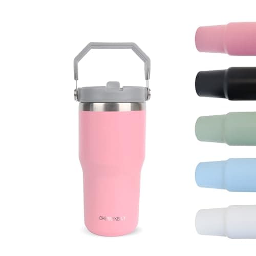 CherryKelly 20oz (550ml) Travel Mug with Handle, Travel Tumbler with Straw Lid, Stainless Steel Vacuum Insulated Coffee Cup, Double Wall Travel Flask Car Mug, Leak Proof Water Bottle - Pink