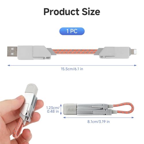 AHRLIC 4-in-1 USB Charging Cable Keychain – Zinc Alloy, Multi-Adapter Charger Cord for USB, Type-C, Micro USB, iOS Port Devices – 60W Fast Charging, Magnetic Stretchable Travel Cable (Orange Gray) — view 2
