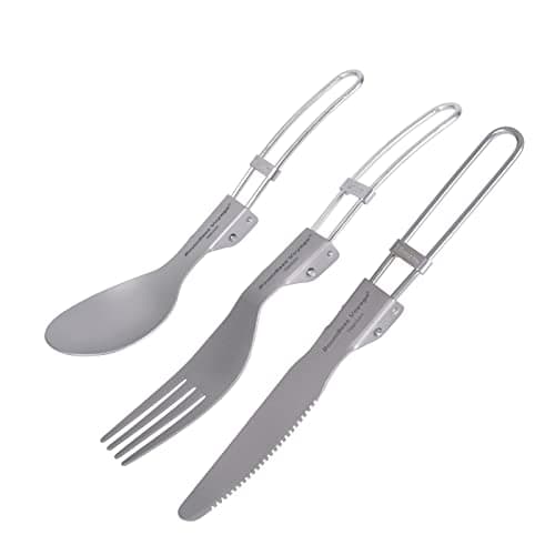iBasingo Titanium Folding Fork Spoon Knife Camping Cutlery Set Outdoor Travel Picnic Hiking Portable Tableware Small Ultralight Flatware Business Trip Dinnerware with Pouch Ti1122T
