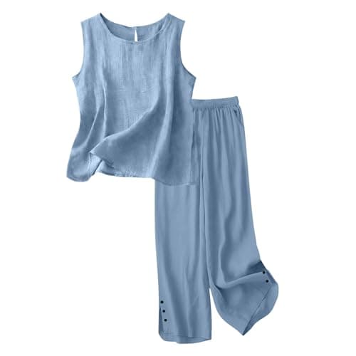 Blue Womens Linen Loungewear Set Sleeveless Top and Wide Leg Elastic Waist Trousers 2 Piece Lounge Wear Sets with Pockets Loose Fit Ladies Travel Tracksuit Fashionable Smart Casual Clothing Size 12 — view 3