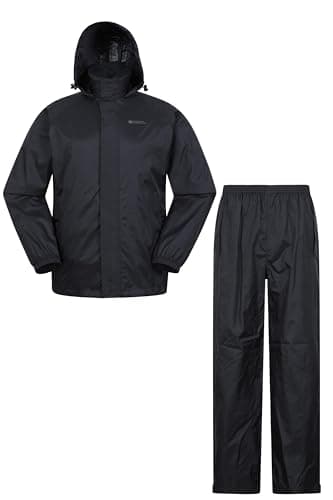 Mountain Warehouse Pakka Mens Jacket & Overtrouser Set - Lightweight Waterproof Rain Coat & Pant Set, Adjustable Hood - Spring Summer, Wet Weather, Outdoors Black L
