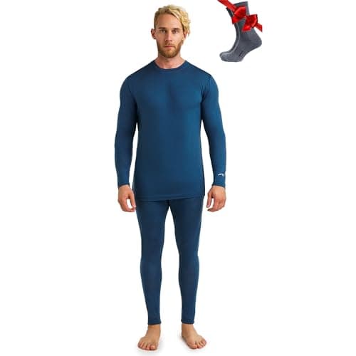 100% Merino Wool Base Layer Men Set - Thermal Underwear Mens + Hiking Socks (XX-Large, 165 LITE Denim Blue)
