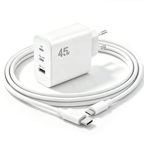 EU plug travel adapter charger, 45W European plug travel charger with 2 USB-C fast charging ports and 1 USB-A port, with 65W USB C fast charging cable