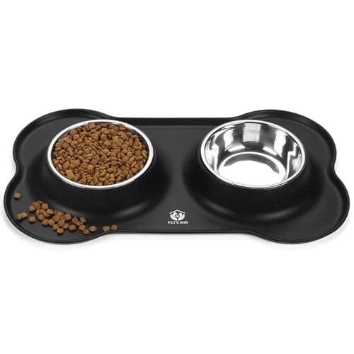 PET'S HUB Pet Feeding Bowl Set, Double Bowls with Silicone Mat Tray for Cats, Puppies, and Small Dogs. (Black, Small)
