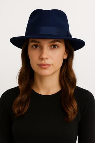 Novella Noori Indiana Jones Style Fedora Hat - Pure Wool Felt Wide Brim Fedora Hat for Men and Women - Crushable, Water-Resistant Vintage Wool Flet Fedoras - (Navy, UK, Alpha, L) — view 4