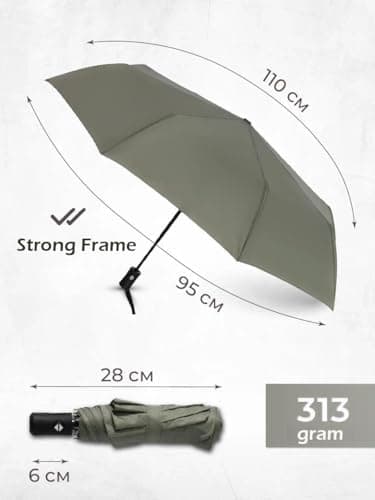 Windproof Travel Umbrella - Compact, Light, Full Automatic Open/Close - Folding Backpack Umbrella for Rain & Sun UV Preotection For Men & Women, Unbreakable 8 Fiberglass Ribs UK Design (Olive) — view 2