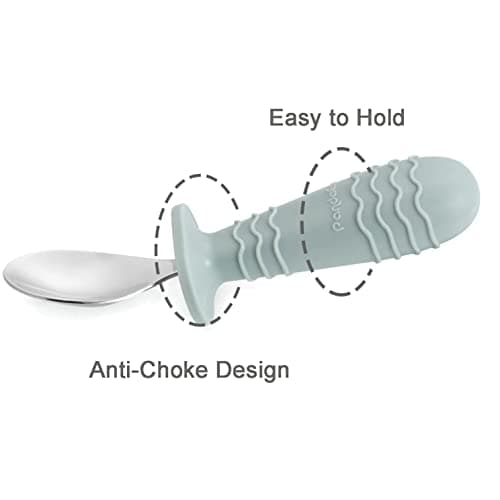 PandaEar 4 Pack Toddler Baby Cutlery Self Feeding Set, Silicone Stainless Steel Utensils Silverware Spoon Fork, 12 Months Plus, with Silicone Holding Anti-Choke Design (Morandi Green & Milky White) — view 5