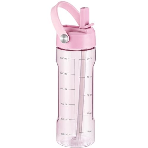 GOPPUS 600ml/20oz Clear Water Bottle with Straw, Tritan Leakproof Sports Drinking Bottle, BPA Free Wide Mouth Gym Bottle with Handle and Measurement Marks for School, Gym, Travel (Pink)