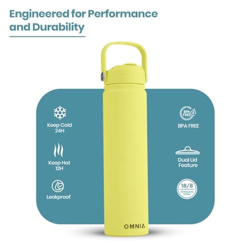 OMNIA NUTRIENTS Vacuum Insulated Stainless Steel Water Bottle, 2 Lids (Straw & Spout) Leakproof, BPA-Free, Reusable Flask Ideal for Travel and Outdoors (Mellow Yellow - 750 ml) — view 2