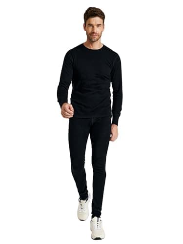 ZSOSBA METARINO Men's 100% Merino Wool Base Layer Set Thermal Underwear Casual Top,Bottom for Hiking Travel Skiing, Black, S