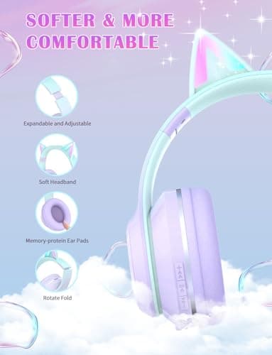 Bluetooth Kids Headphones,Cat Ear LED Light Up Kids Wireless Headphones,Bluetooth 5.1&Stereo Sound,Foldable,Adjustable Headband,Children Headphone with Microphone Over Ear for School/Tablet (Purple) — view 4