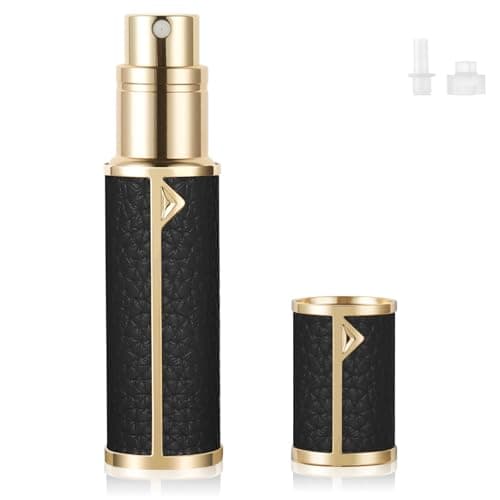 LOPHE Perfume Travel Bottle, 5ML Luxurious Perfume Atomiser Refillable, Leather Perfume Spray Bottle, Easy to Refill Perfume Atomiser for Women Men, A (Black)