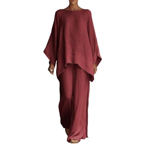 Lounge Wear Set Women Casual Linen Tracksuits 2 Piece Outfits Loose Summer Co Ord Set Ladies Long Sleeve Tunic Tops Pullover Elastic Waist Wide Leg Trousers Holiday Beach Travel Wedding Party Uk S-2XL