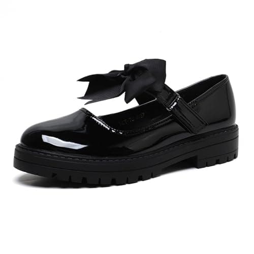 Gizelle® Girls Patent Black Mary Jane School Shoes with Detachable Bow On Strap - Toddler Kids Back to School Comfortable Anti-Slip Uniform Flat Shoes UK-8uk — view 2