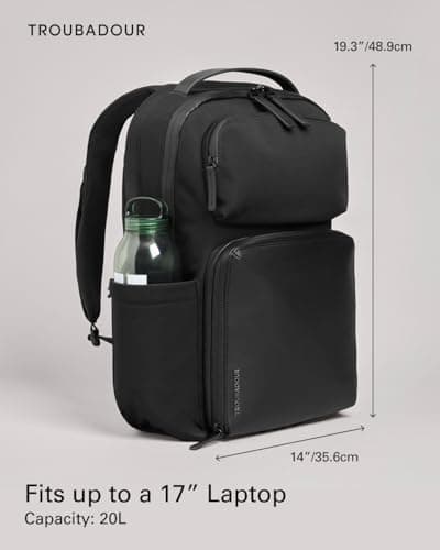 Troubadour Matrix Backpack – 20L Capacity, Water-Resistant, Microfibre Lining, Ergonomic Straps, Recycled Polyester and Vegan Leather Trim – Black — view 4