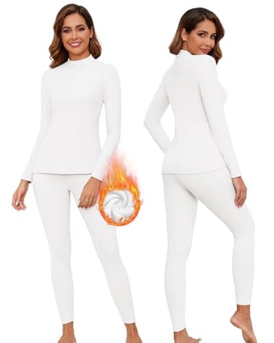 WOWENY Womens Thermal Underwear Set Ultra Soft Turtle Neck Long Johns Sleeved Top Base Layer Warm Tops & Bottoms for Skiing Sport Yoga,White,M
