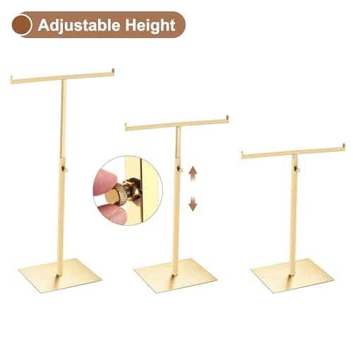 sourcing map Purse Display Stand T Shaped Metal 2 Pack Adjustable Handbag Rack Double Hook Holder Necklace Organizer for Home Boutique Store - Gold — view 3