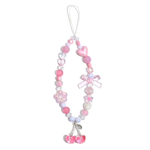 Ouligay Cherry Phone Charm Strap Cute Camera Charm Strap Beaded Camera Strap Wrist Pink Phone Chain for Bag Case Bags Pendants Decor Chains Valentine's Day Gifts for Woman Girls