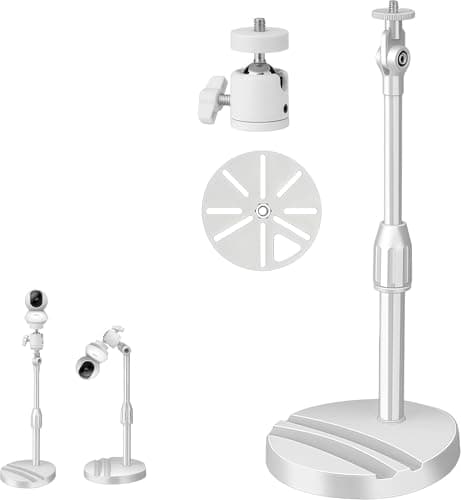 White No Drill Desktop Security Camera Mount - Telescoping Bracket with 3-in-1 Phone Holder Base for Surveillance IP Camera, Arlo, Wyze, Live Streaming Devices, 1/4" Screw