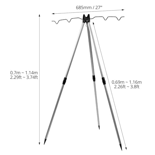 QWORK® Fishing Rods Tripod Stand for 4 Fishing Rods - Telescopic 70-105 cm - Aluminum Alloy - Anti-Rust Sea Beach Pier Shore Tackle Support — view 2