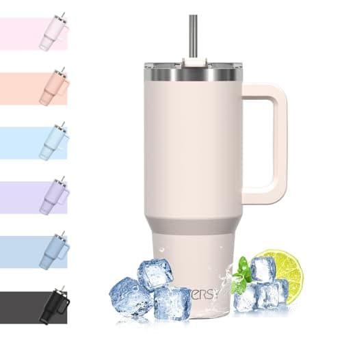 WATERSY Travel Mug Coffee Cup 40oz Tumbler Straw Lid and Handle, Stainless Steel Double Wall Vacuum Insulated Coffee Water Bottle Thermal for Cold Hot Coffee 1182ml Ivory Beige