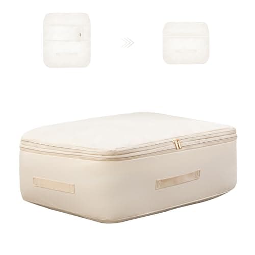 Fivaran Ultra Space Saving Self Compression Organizer, Comforter Storage Bag for Clothes, Blankets, Pillows, Duvet, Comforters, Bedding Sets and Much More (Khaki,L - 54 * 42 * 30cm)