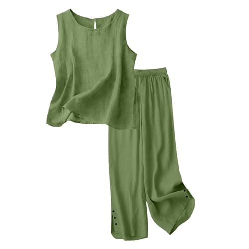 Bronze Womens Linen Loungewear Sleeveless Top & Wide Leg Elastic Waist Pants 2 Piece Lounge Wear Sets Solid Colour Loose Fit Ladies Travel Tracksuit Light Everyday Wear Size 12 — view 3