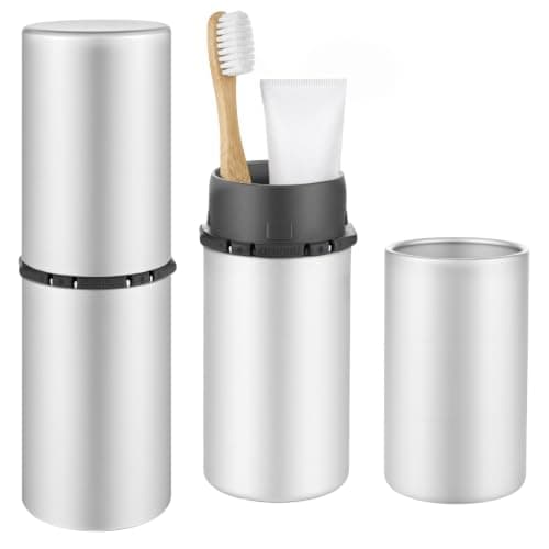 Aluminum Toothbrush Travel Case, Dustproof Travel Toothbrush Holder with Mouthwash Cup, Portable Toothbrush and Toothpaste Travel Case for Traveling, Bathroom, Camping, Business Trip-Silver