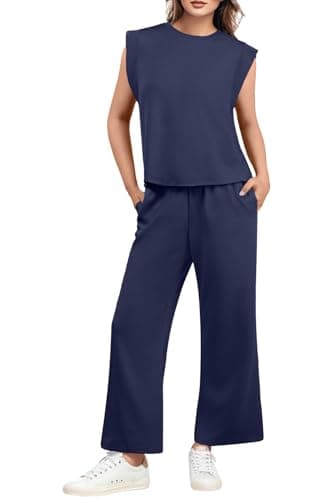 GRECERELLE Womens 2 Piece Outfits Summer Tracksuit Full Set Casual Travel Outfit Crew Neck Coords Sets Lounge Wear Sets Cap Sleeve Top And Long Trousers With Pockets for Women UK (Navy Blue, M) — view 3