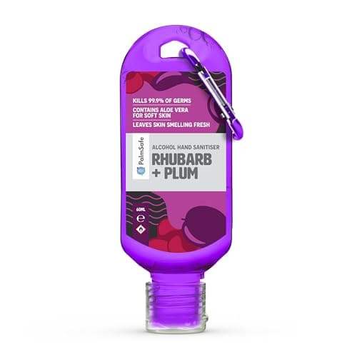 Palm Safe Rhubarb and Plum 60ml Anti Bacterial Premium Hand Sanitiser Travel Size Refillable Clip Bottle Quick Drying Non Sticky Extra Moisturising Kills 99.9% of Viruses and Bacteria