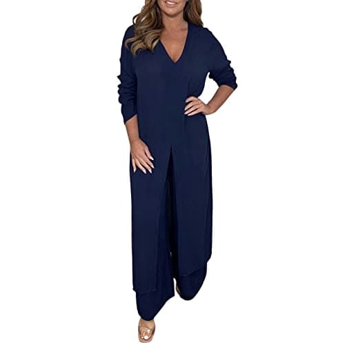 Ladies Casual Fashion Chiffon Long Sleeve Trousers Two Piece Set Grandma Pants Suits Women Navy