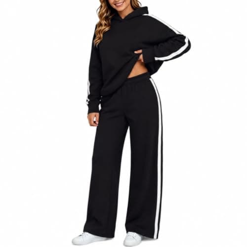 Womens Black 2 Piece Outfit Pullover Hoodie and Wide Leg Trousers — view 4