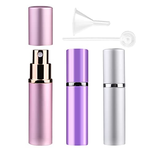 Zingso Refillable Travel Perfume Atomiser Bottles, 3 Pcs 10ml Mini Portable Spray Bottles Aftershave Empty with Funnel and Diffuser Tool, Pink+silver+purple (FYC22PBS+A2-FBA-SL)