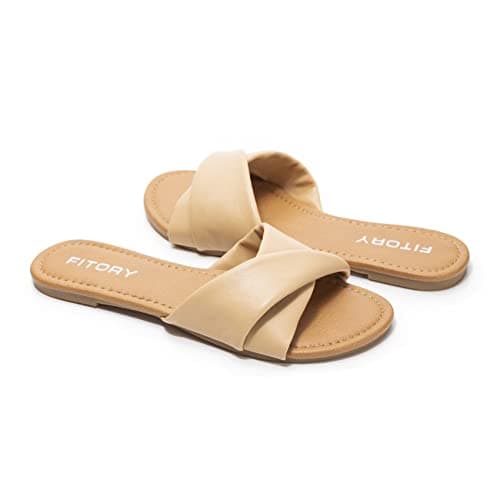 FITORY Women's Sandals Flat Slip On Leather Summer Slide Light Tan Size 4 — view 5