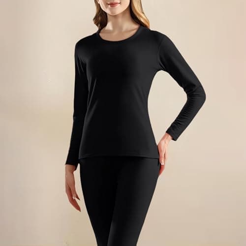 Thermal Underwear Set Women, Fleece Lined Base Layer Long Johns, Long Sleeved Top with Crew Neck, Ladies Warm Underlayer Suit Soft Tops & Bootoms for Ski Cold Weather Beige — view 4