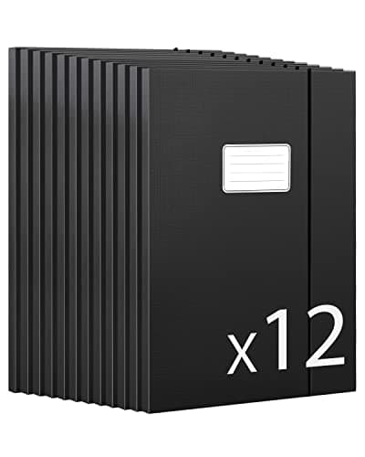 JiaWei Folders for Paperwork A4, Pack of 12 File Folder, 11mm Spine, Made of 350 g/㎡ Strong Cardboard with 3 Flaps & Elastic Strap, Document Organiser - Black